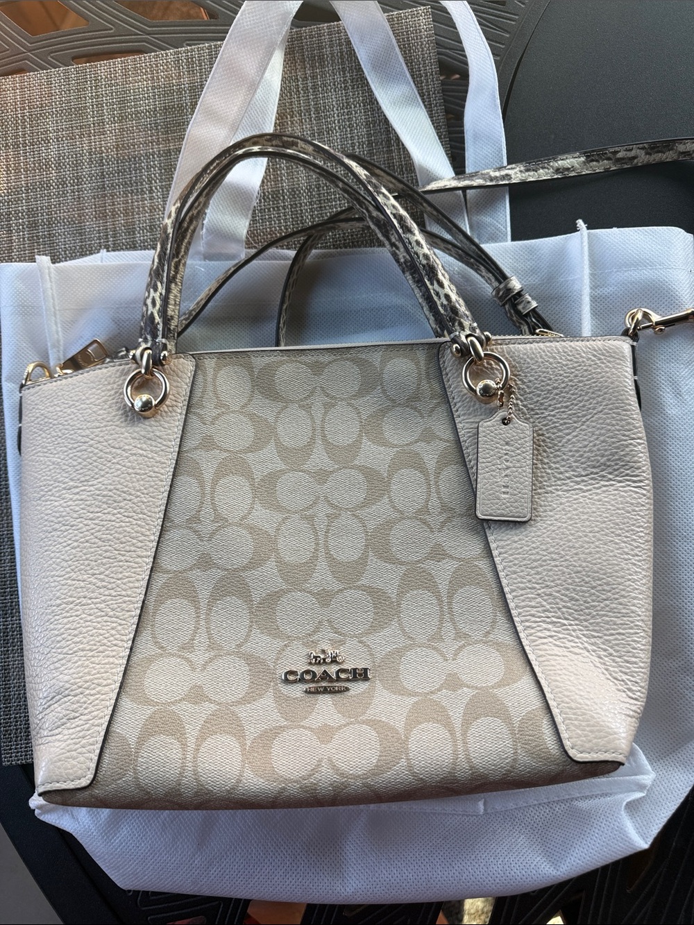 Coach Kacey Satchel Cream Crossbody purse with Snakeskin Trim gold/khaki/ivory